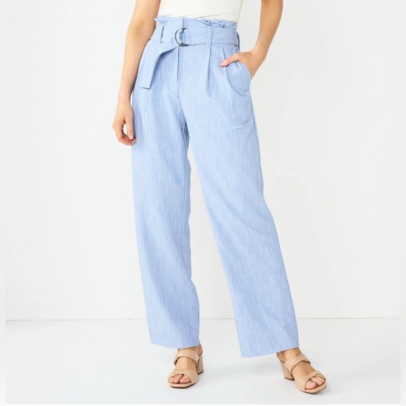 Nine West Womens Blue Melange Paperbag Waist Pants Size 10 Belted High Rise NWT - Picture 1 of 10